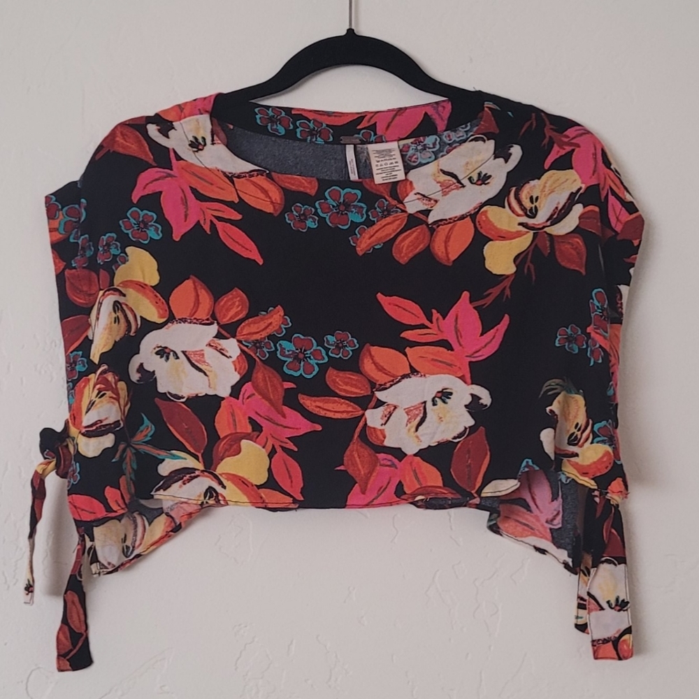 Free People Black Floral Crop Top with Pink, Red, Yellow Accents - Picture 2 of 7